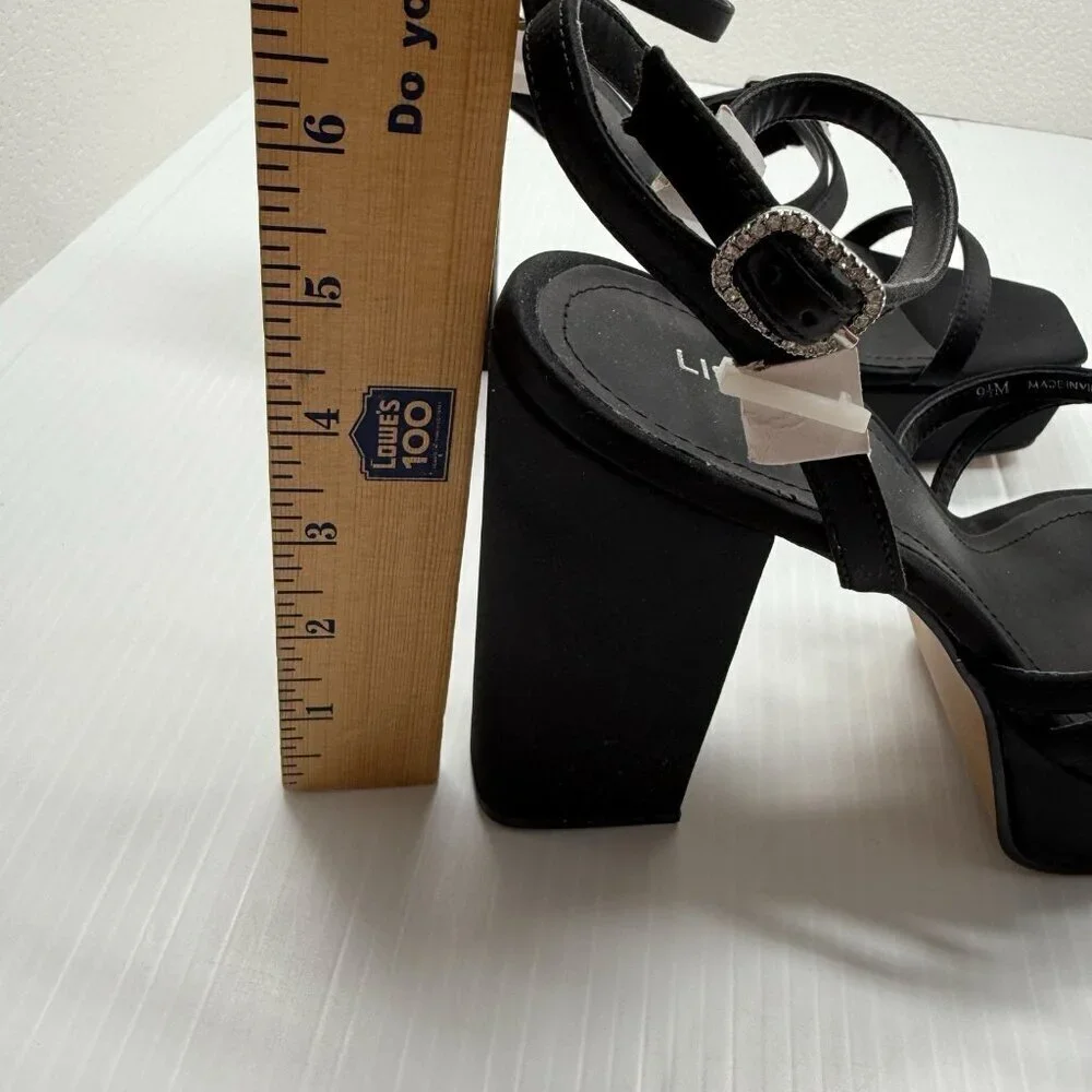 Lisa Vicky Babe-V Heels 9.5 Black Satin Strappy Platform Sandals Chunky Heel NIB